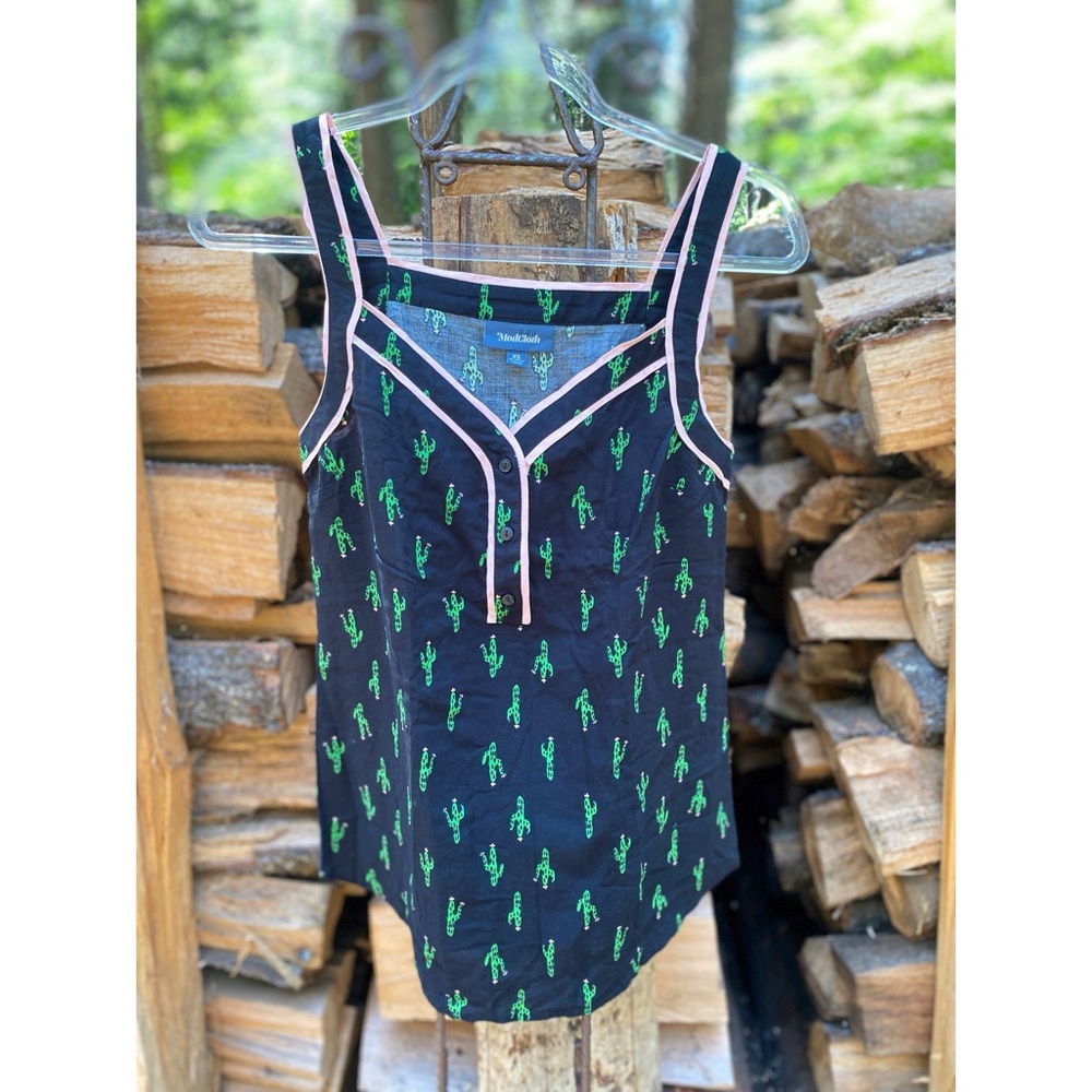 xs Modcloth Rayon Cactus Tank Top Cafe Soleil V-Neck Henley Black Green Pink
